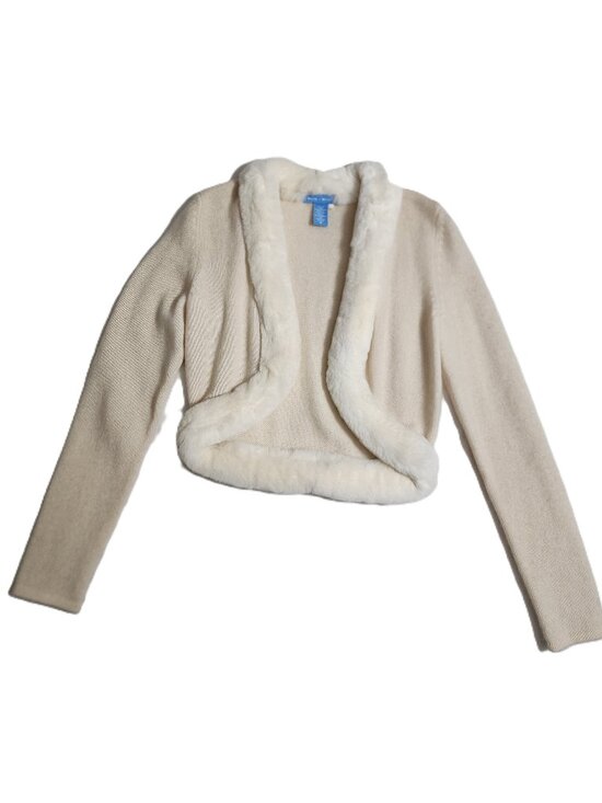 White + Warren Sweaters - White+Warren 100% Cashmere Open Front Shrug w/Rabbit Trim Vintage RARE
